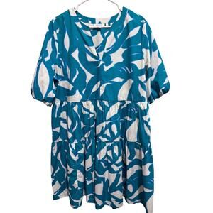 Chico's Dress Green White Leaf Print V-Neck Short Puff Sleeve Poplin Sz 2 US 12